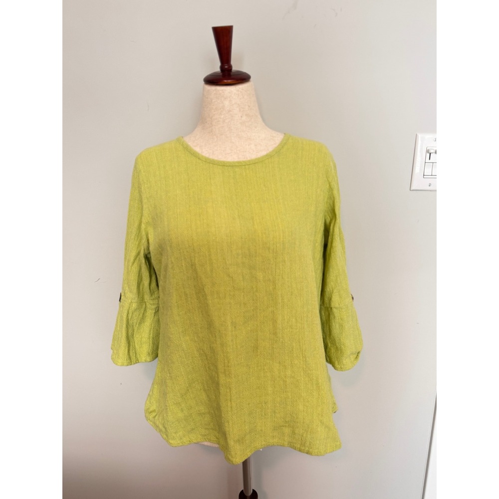 TOOFAN | Bell Sleeve Top Women Large Lime Green Cotton Lagenlook Boho Blouse